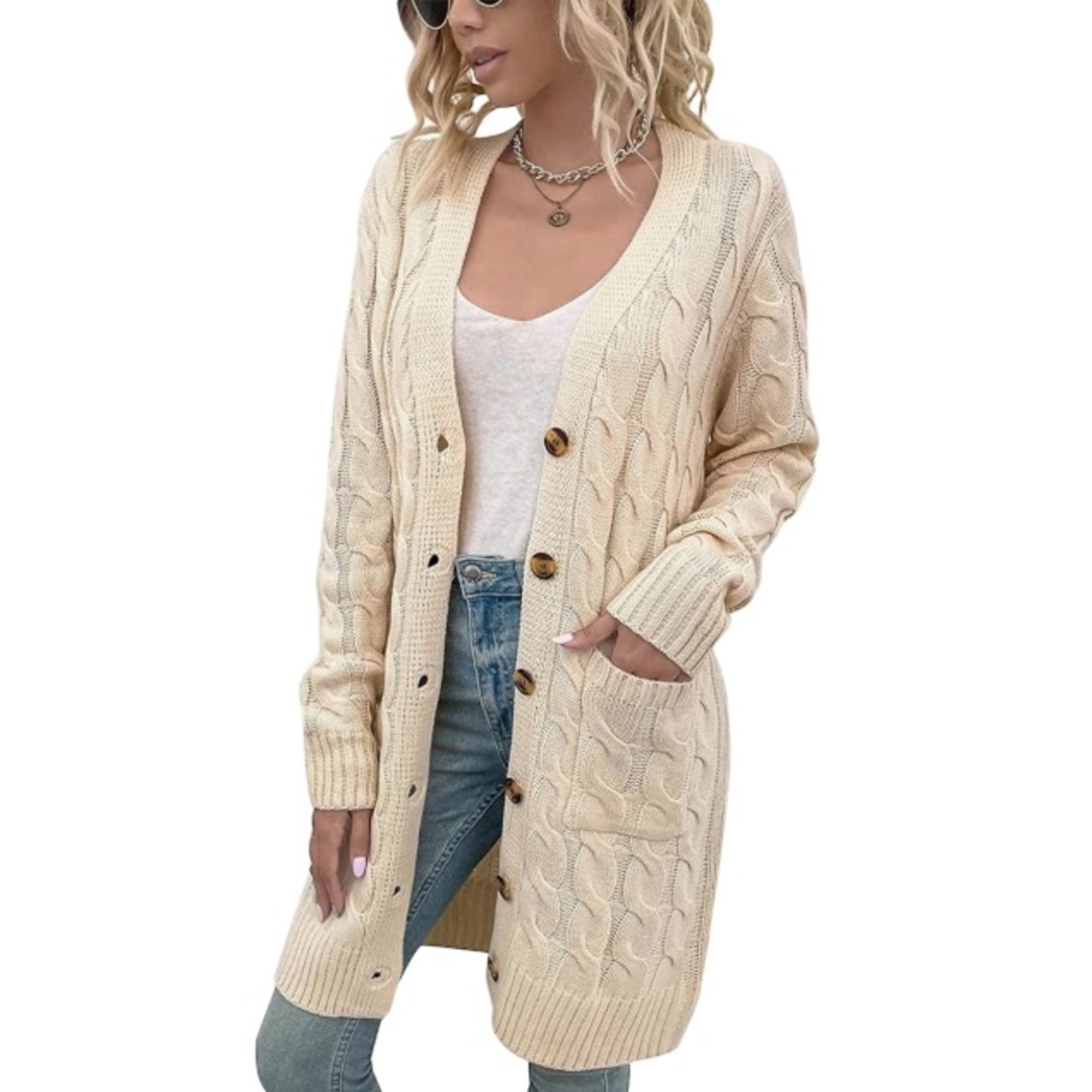 Disi Amazon Cream CableKnit Long Cardigan Sweater Long Sleeve Pockets Button XL